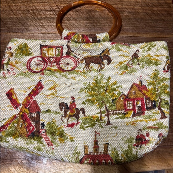 Vintage Handbags - Vintage Print Women Bag with Wooden Handle